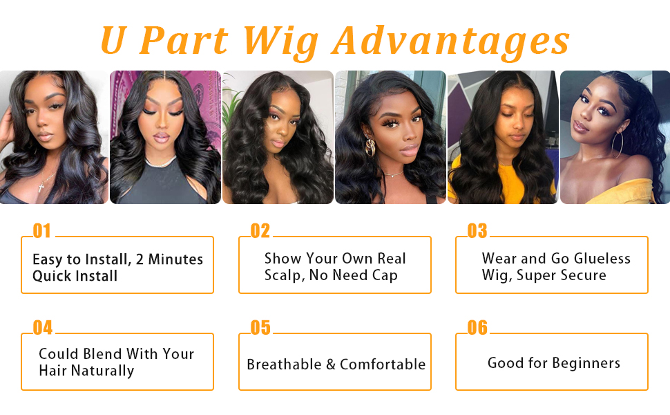 U part wig body wave Brazilian virgin human hair wig for black women 