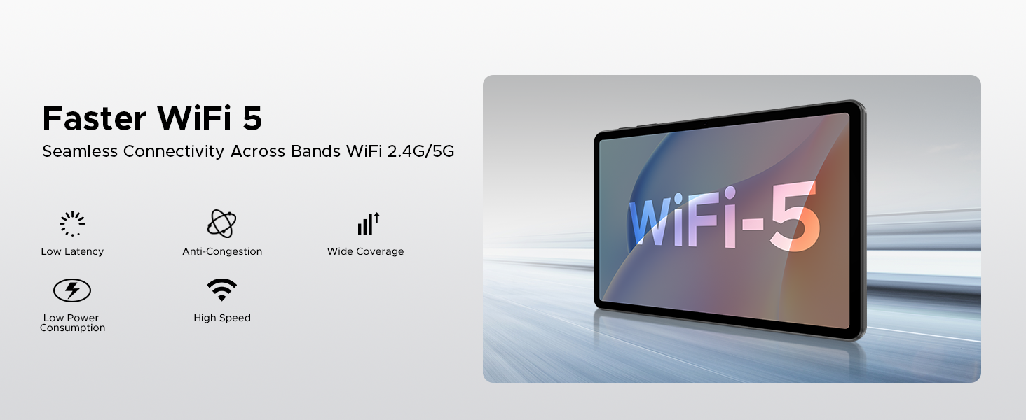 Product interface showing WiFi-5 features with icons for low latency, anti-collision, and wide coverage capabilities alongside a tablet display.