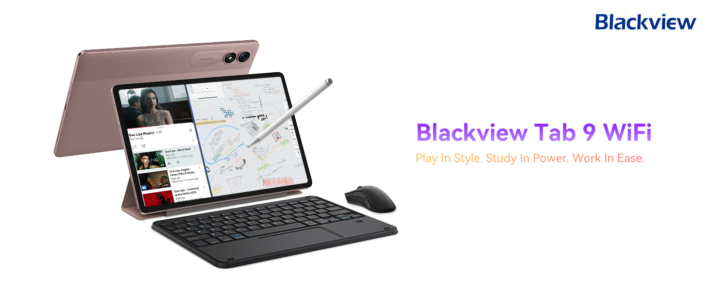 Blackview Tab 9 WiFi tablet with attached keyboard. Device shown open, displaying split-screen functionality with map and document visible.
