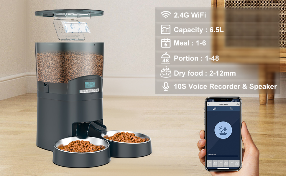 HoneyGuaridan Automatic Cat Feeders 2 Cats 6.5L, 2.4G WiFi