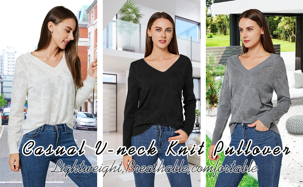 Solid Color-Long Sleeve Shirts Lightweight Sweaters for Women V Neck Knit Tops