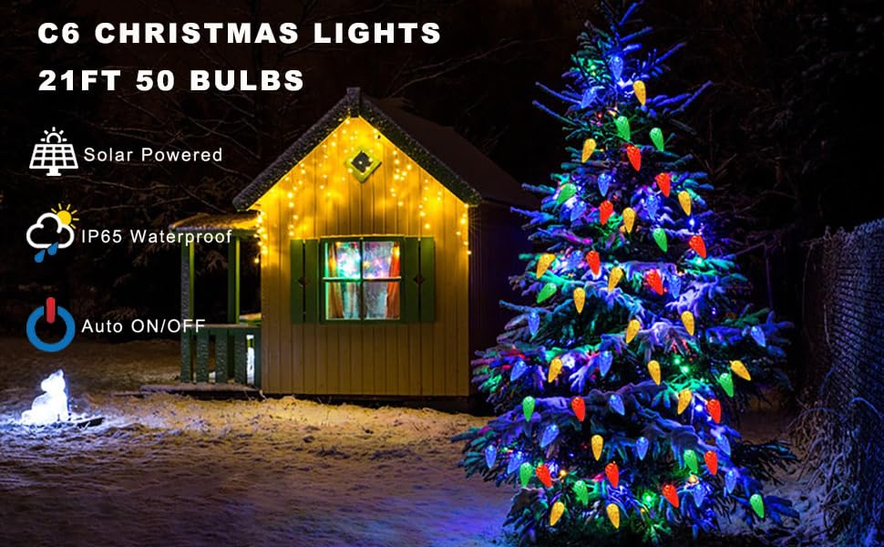 HUGSVIK 21Ft 50LED C6 Solar Christmas Lights Outdoor, Multicolored