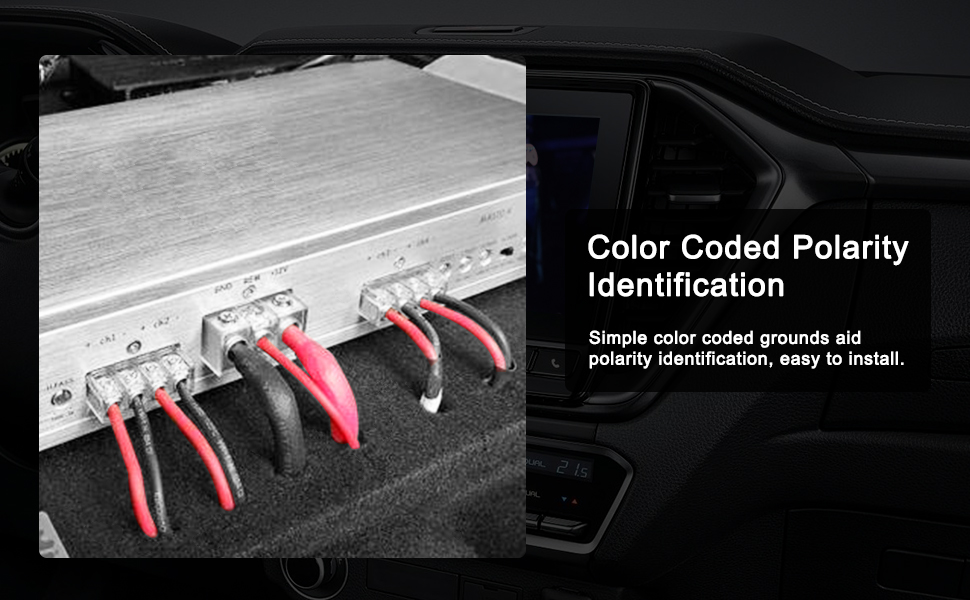Car audio system with color-coded wiring. Text overlay: 'Color Coded Polarity Identification'. Red and black wires visible for easy installation.