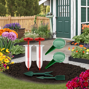 A rustic wooden table with the product surrounded by various gardening tools and freshly planted see