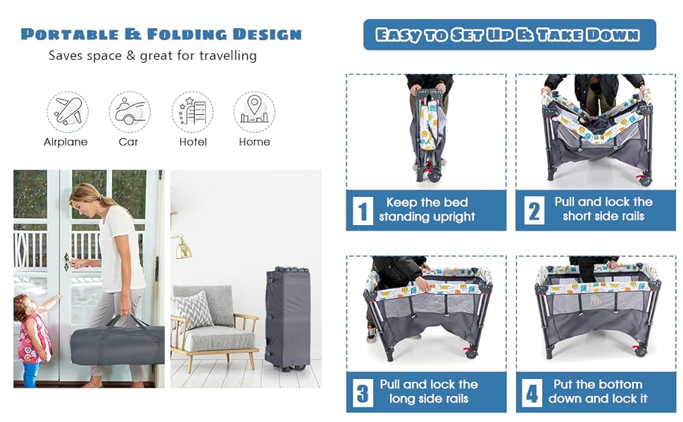 DREAMADE 5 In 1 Lettino Neonato, Culla Da Campeggio Con Fasciatoio E Giocattolo Appeso, Altezza Regolabile In 4 Livelli, Vassoio Portaoggetti, Adatto A Bambini Da 0 A 36 Mesi (Grigio) 16 05