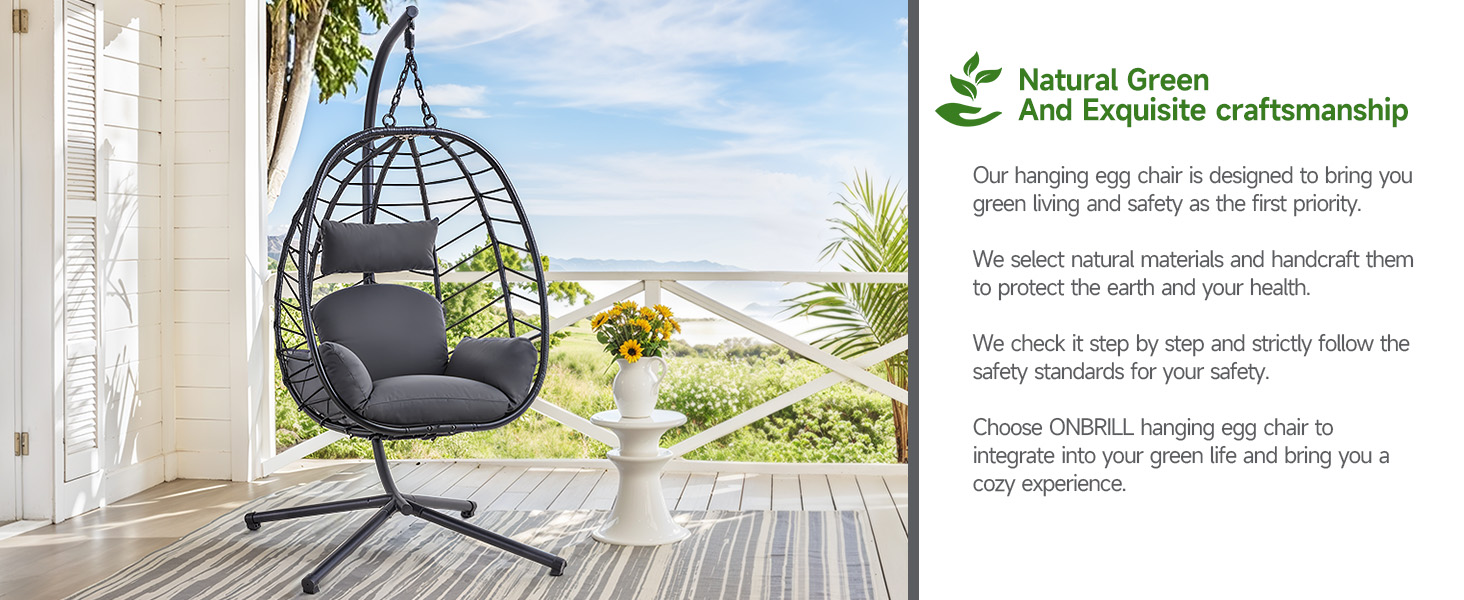 ONBRILL Hanging Egg Chair with Stand, Outdoor Indoor Egg Swing Chair with Cushion Headrest, Wicker Rattan Egg Chair with Dual Chains, 350LBS Capacity for Patio, Porch, Balcony, Bedroom (Dark Gray) 22 chair