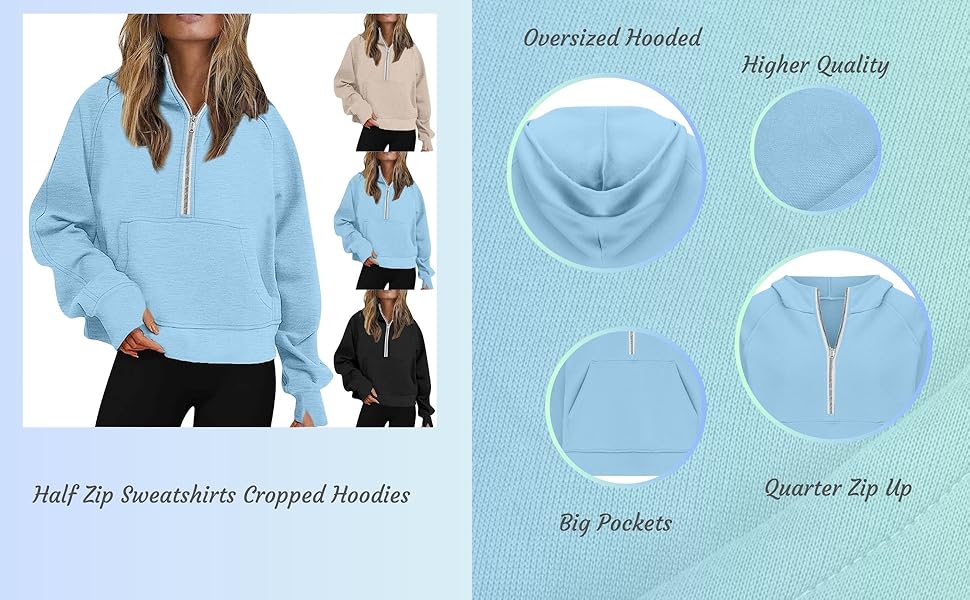 Womens Hoodies Oversized Sweatshirts Half Quarter Zip Pullover Cropped Long Sleeve Fall Outfits