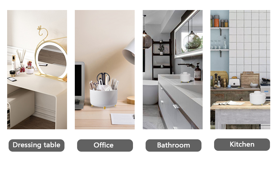 Four-panel image showing different home interior spaces: dressing table with mirror, office desk, bathroom sink, and kitchen countertop with shelves.