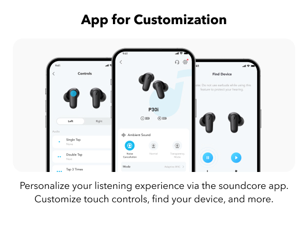 Smartphone app interface for customizing wireless earbuds. Shows options for adjusting touch controls, finding device, and personalizing listening experience.
