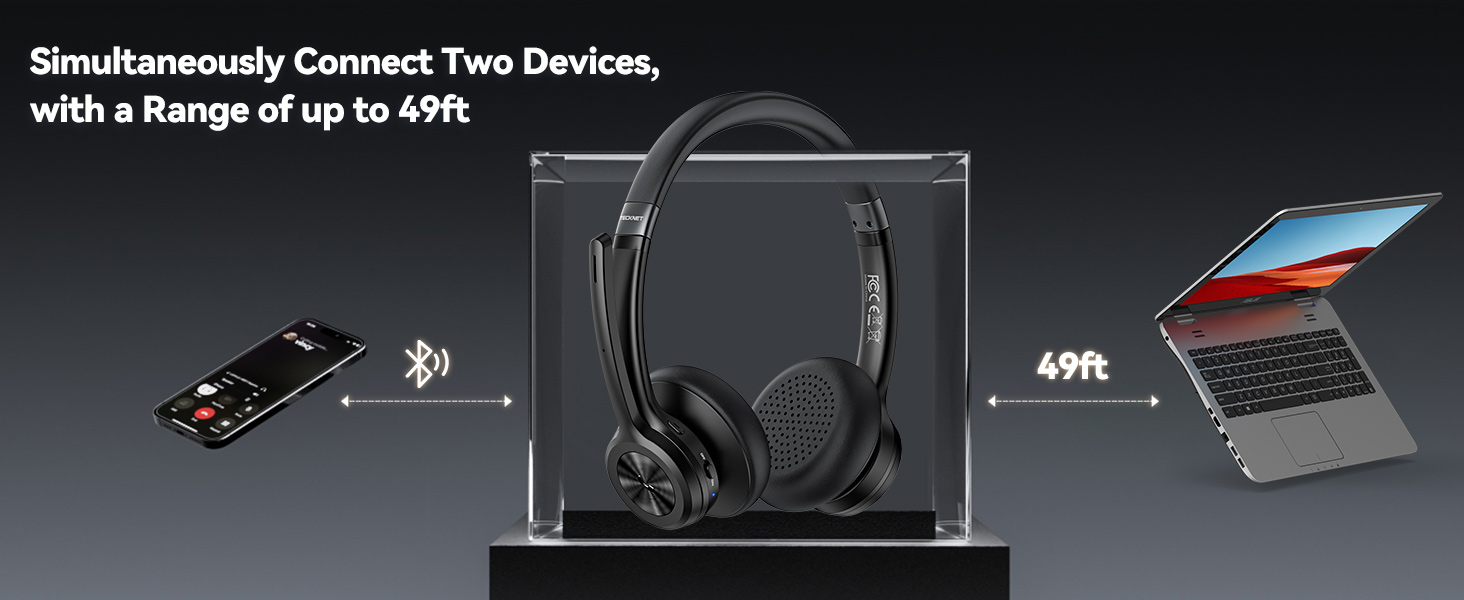 Wireless headset with microphone displayed between smartphone and laptop. Text indicates simultaneous connection to two devices with 49ft range.
