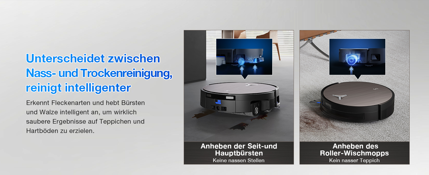 Der Text lautet: „Unterschied zwischen Neu und Kundenservice“. Reihe von Vergleichsfotos, die Wartungs- oder Serviceschritte des Roboter-Staubsaugers zeigen.