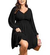 SCOMCHIC Womnes Plus Size Long Sleeve Mini Dress Smocked Elastic Waist Sweetheart V Neck A Line D...