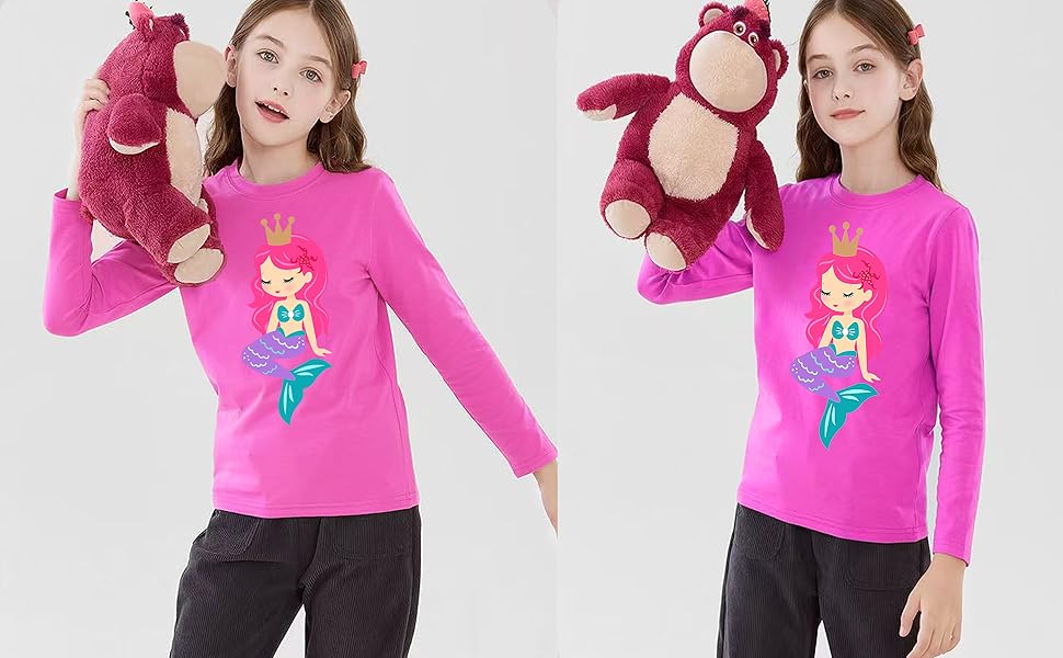 Girls Toddler Long Sleve T-shirts Kids Mermaid Dinosaur Cat Fox jolly Jellyfish Cotton Shirts