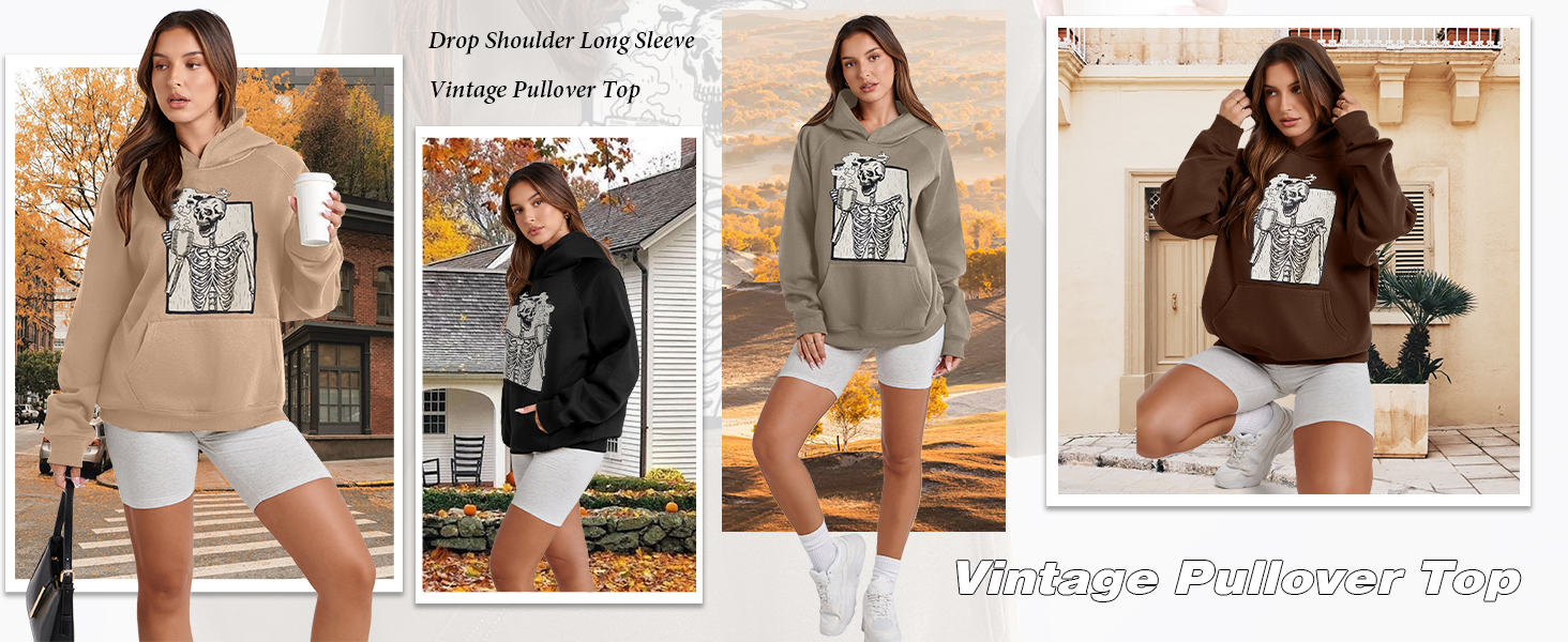Women Skull Graphic Printed Fleece Oversized Hoodie Sweatshirt Long Sleeve Drop Shoulder Pullovers