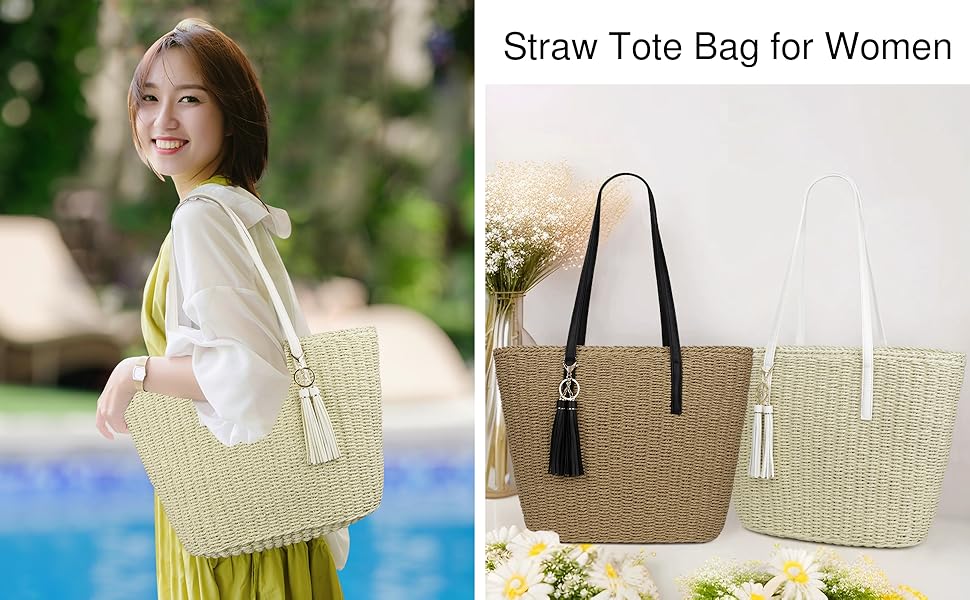 Womens Large Straw Tote Bag Handmade Woven Shoulder Handbag Summer Beach Purse with Tassel