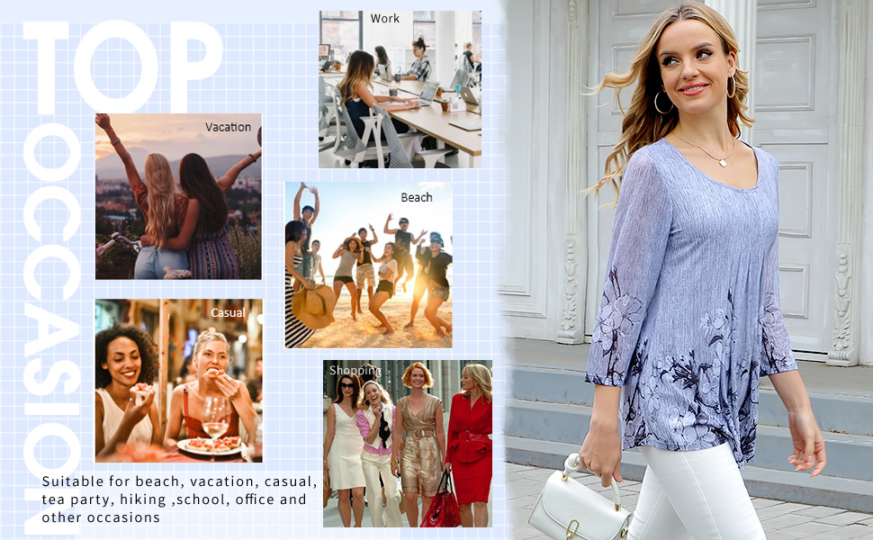 Women's Casual 3/4 Sleeve Tunic Tops Floral Double Layers Blouses Loose Fit Pleated Mesh Shirts