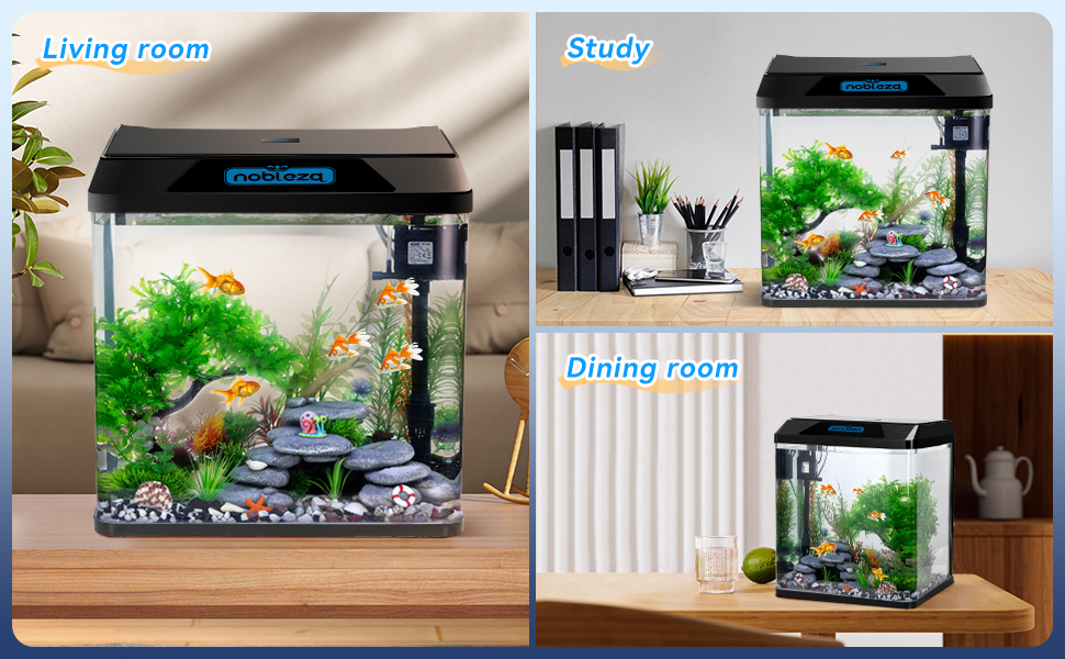Drei kleine Aquarien in verschiedenen Raumkonstellationen: Wohnzimmer, Arbeitszimmer und Esszimmer. Jeder Tank enthält farbenfrohe Fische, Pflanzen und Dekorationen, die für kompakte Räume geeignet sind.