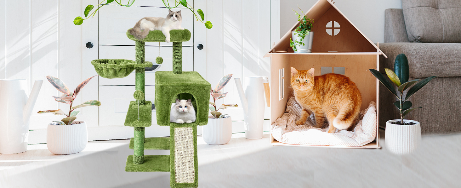 MIAO PAW Green Cute Cat Tree Tower Hammock for Indoor Cats