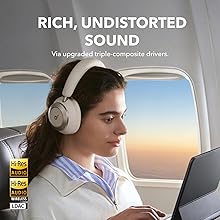 Text reads 'RICH, UNDISTORTED SOUND' with 'Hi-Res Audio' logos. Person wearing white over-ear headphones seated by airplane window during sunset.
