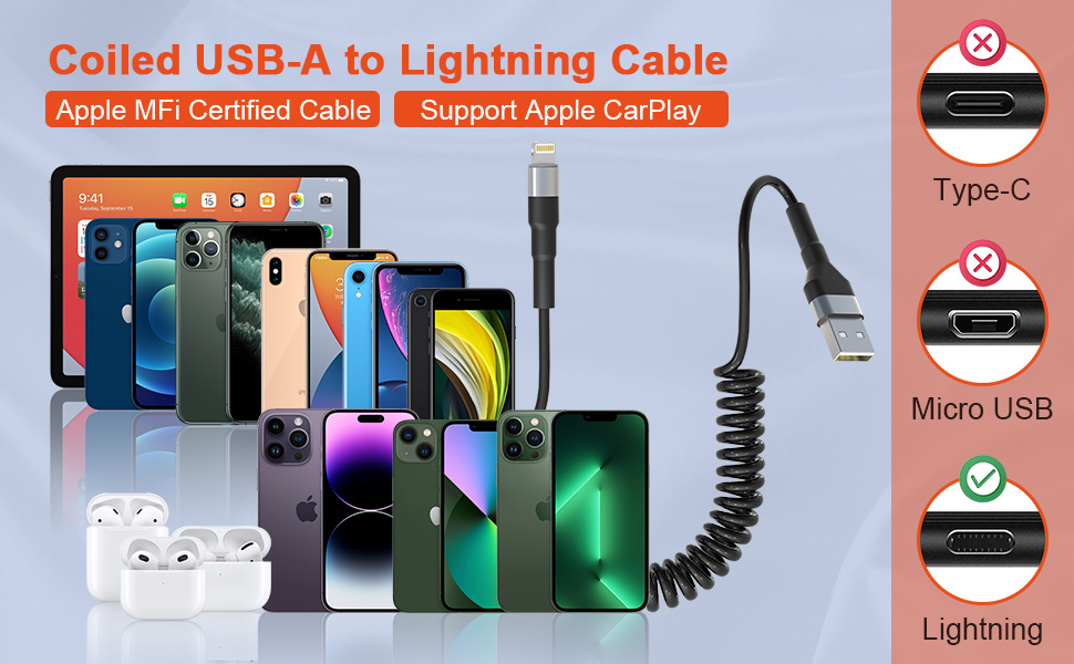 Coiled Lightning Cable Apple Carplay Compatible [Apple MFi Certified] Short USB to