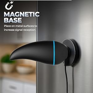 Text reads 'MAGNETIC BASE'. Close-up of black magnetic mount with blue accent line, showing device attachment to metal surface.