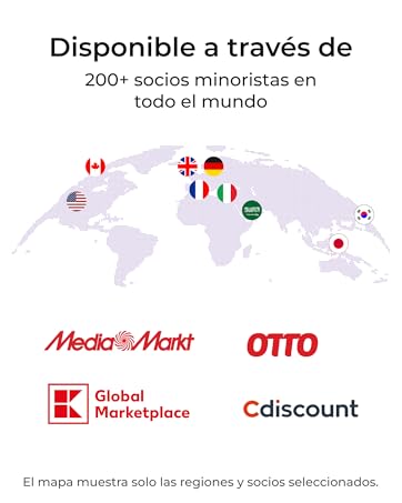 Mapa mundial que muestra la distribución global de más de 200 socios minoristas, con banderas que indican países seleccionados. A continuación se muestran los logotipos de MediaMarkt, OTTO, Global Marketplace y Cdiscount