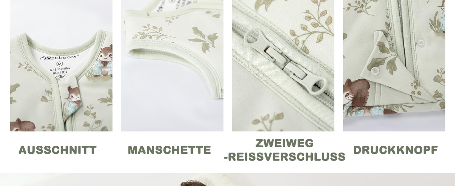 Der Text lautet „AUSSCHNITT“, „MANSCHETTE“, „ZWEIWEG GRÖSSENVERSTELLUNG“, „DRUCKKNOPF“. Technisches Diagramm, das Konstruktionsdetails der Kleidung mit floralem Hintergrund zeigt.