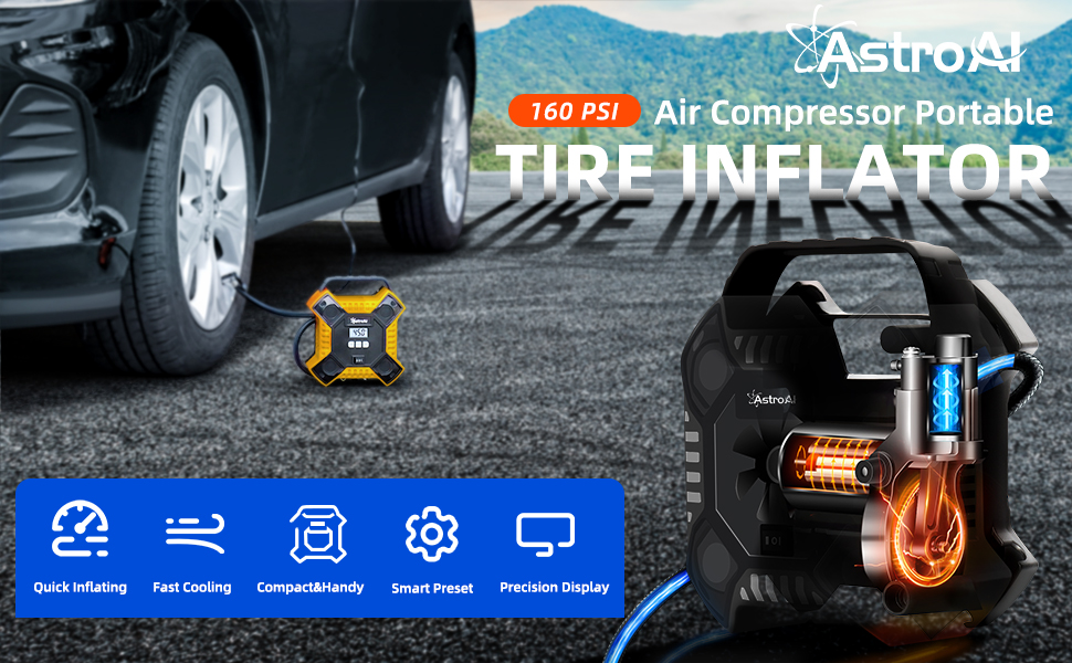 AstroAI 160 PSI Tire Air Compressor Portable Tire Inflator Yellow Tire