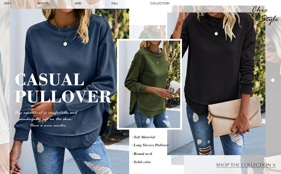 Women Cute Solid Round Neck Long Sleeve Side Split Pullover Sweatshirt with Irregular hemline design