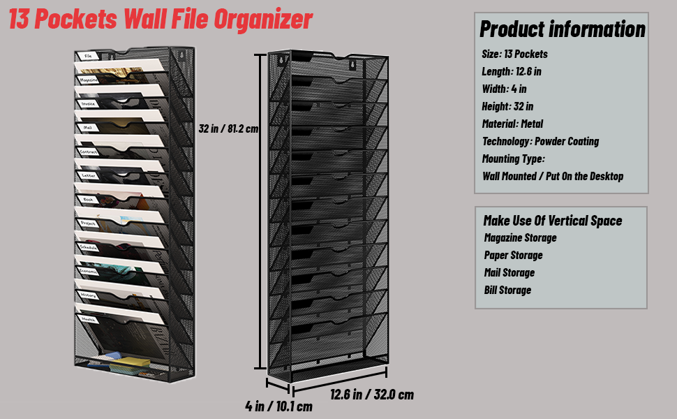 Senhoglb Metal Hanging Wall Files, 13 Pockets Wall File Organiser, A4 ...