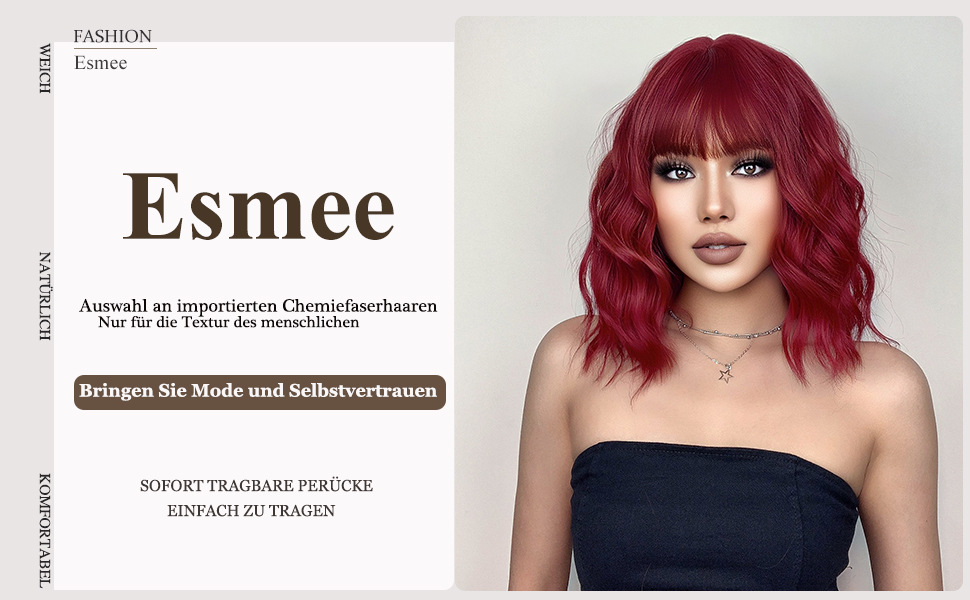 Esmee Kurze Welle Rot Bob Perücken mit Pony 
