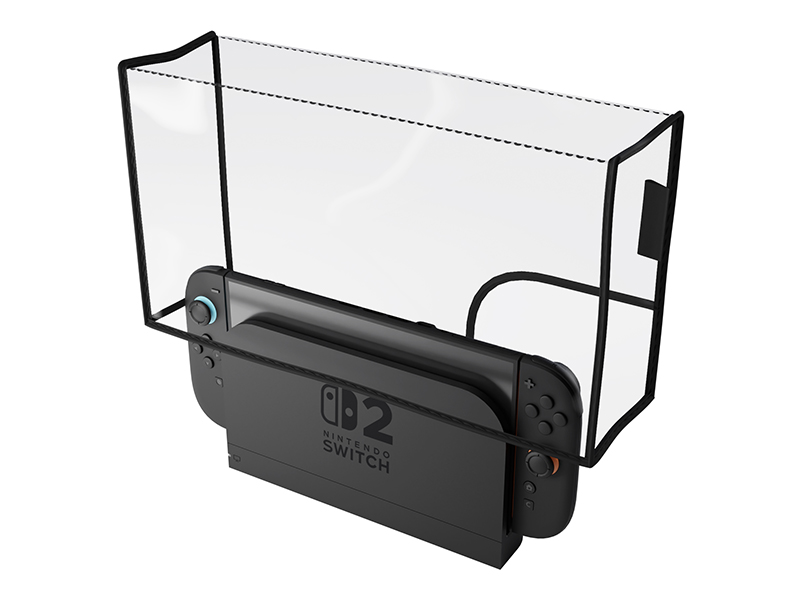 Trois vues d'un support ou d'un support de console de jeu noir avec structure métallique, montrant différents angles et positions de montage.