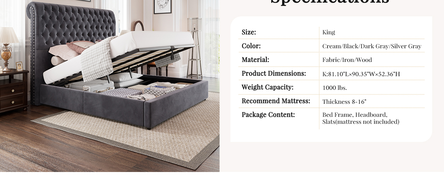 Jocisland Lift Up Storage Bed King Size Velvet Upholstered