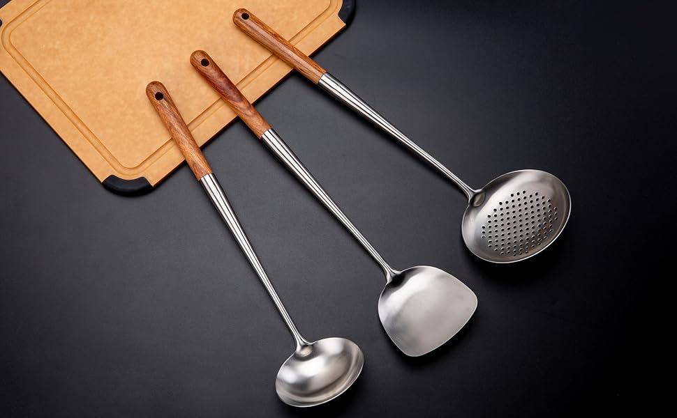 Wok Spatula and ladle,Skimmer Ladle Tool Set, 17inches Spatula for Wok, 304 Stainless Steel Wok