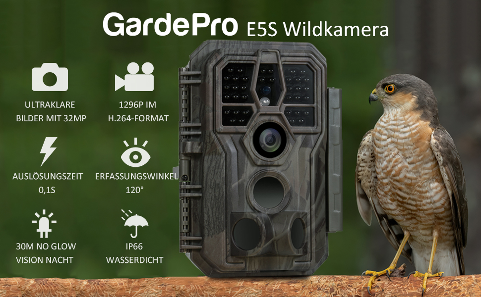 GardePro E5S Wildlife Camera 32MP 1296P H.264 Video, Wildlife Camera