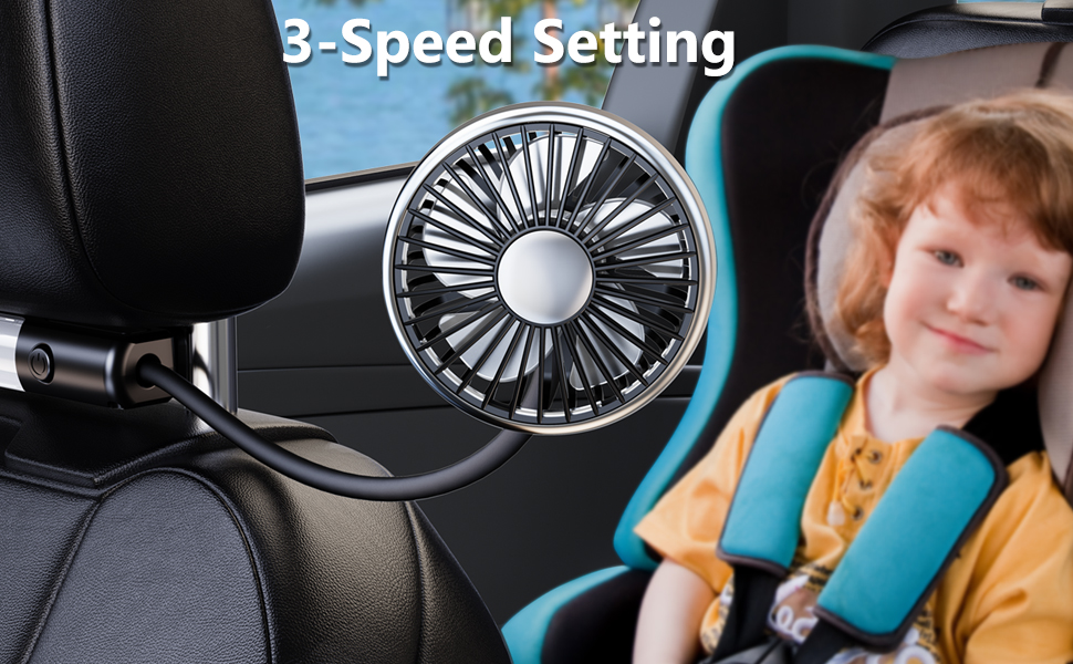 Car Seat Fan for Baby Rear Facing With Powerful 3-Speed  to fast cool and 2 levels of LED Light