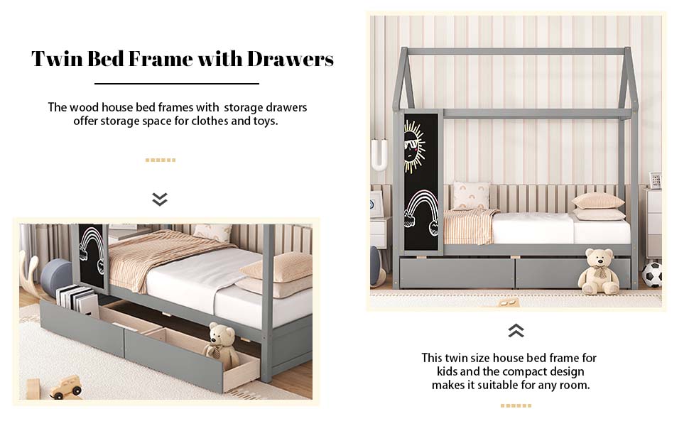 Twin Bed Frame/Kids House Bed Frame with Storage Drawers