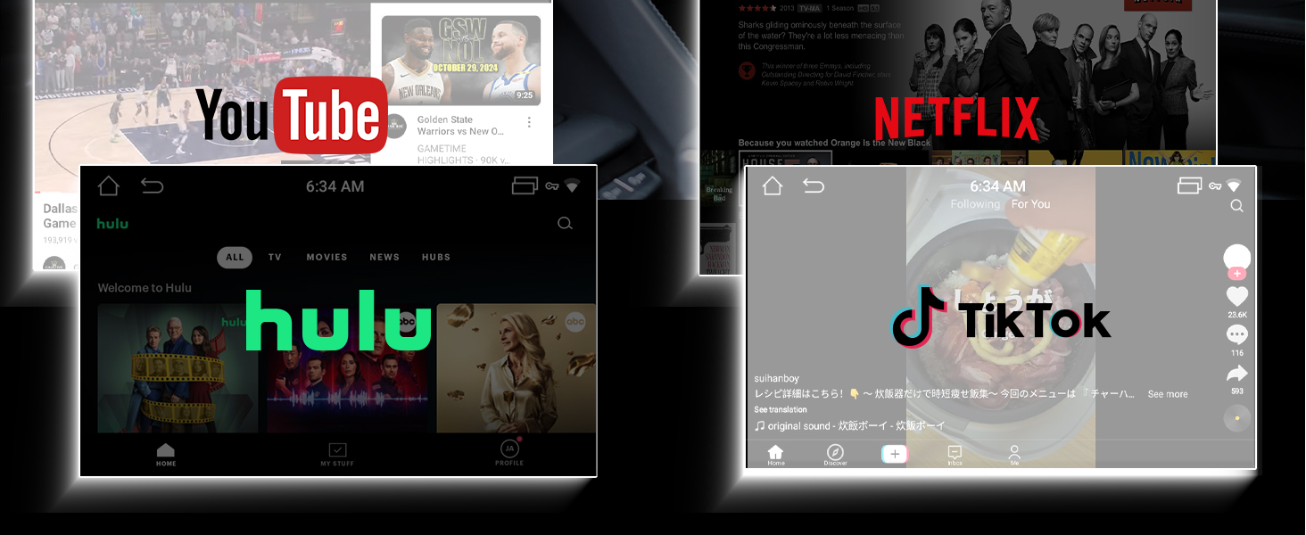 Built-in YouTube, Netflix, TikTok, Hulu, Prime Video, Disney+