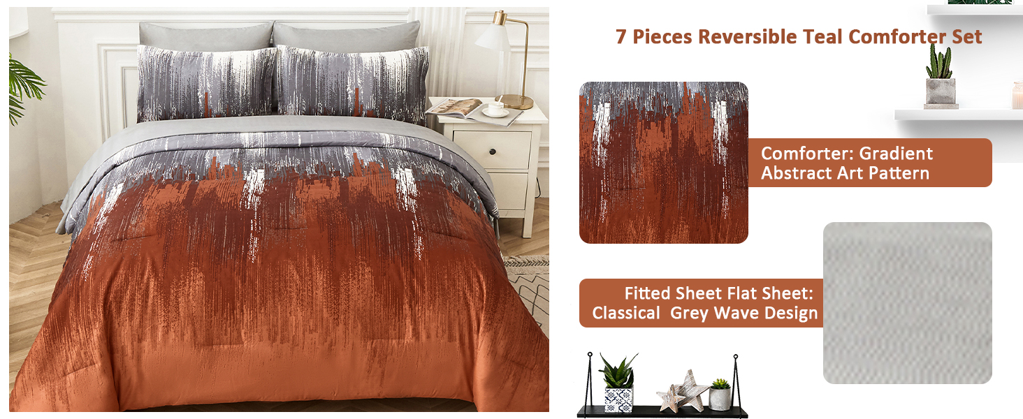 WONGS BEDDING Comforter Set King, Thanksgiving Burnt Orange 7 Pieces Bed in a Bag Abstract Gradient Soft Microfiber Fall Terracotta Bedding Set with Flat Sheet, Fitted Sheet, Pillow Shams, Pillowcases Burnt Orange Comforter