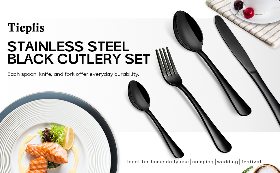 Black Cutlery Set, 16 Piece Premium Stainless Steel Cutlery Set for 4