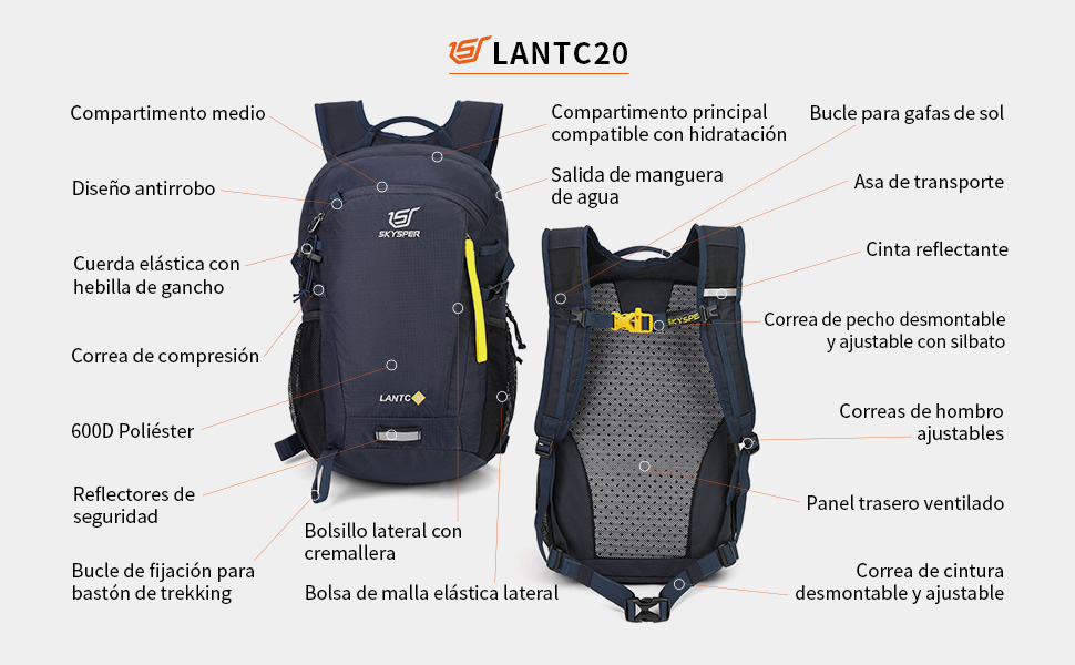 Diagrama de una mochila que destaca varias características, como correas acolchadas, tiras reflectantes, compartimento para portátil y varios bolsillos.
