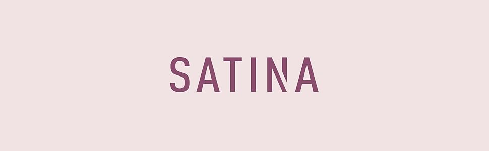 Simple text display showing the word 'SATINA' in mauve letters against a light pink background.