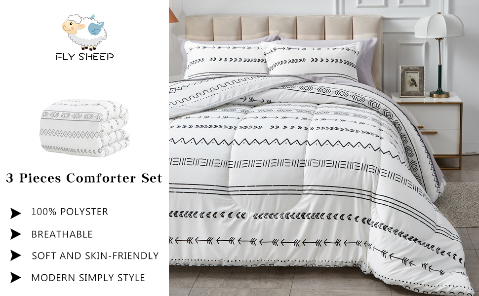 FlySheep 3 Pcs Modern White Boho Comforter Set Full/Queen