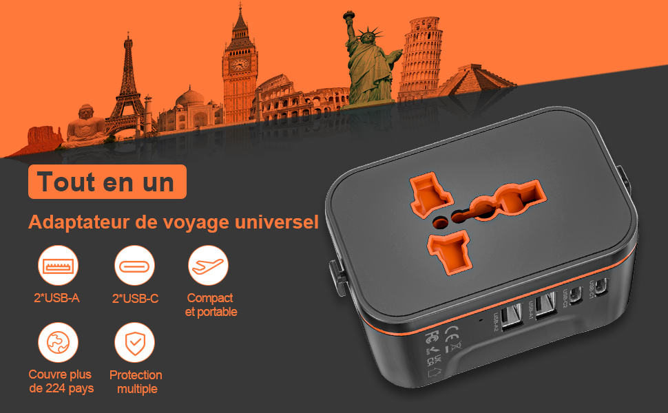 Adaptateur Prise Universelle Voyage,Adaptateur Universel de Voyage Adaptateur Universel Allemagne