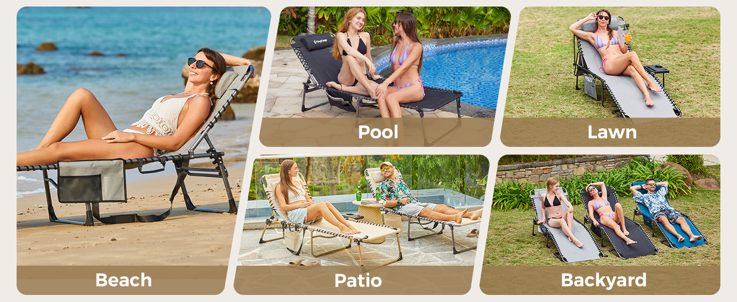 sunbathing at the beach, lounging by the pool, or tailgating