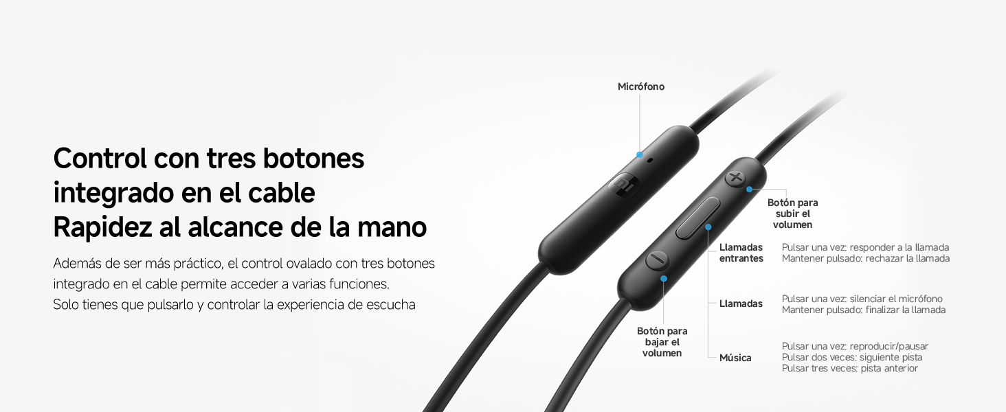 El texto dice «Control con tres botones» y «Rapídez al alcance de la mano». Diagrama técnico que muestra el dispositivo de control de tres botones con especificaciones detalladas en español.