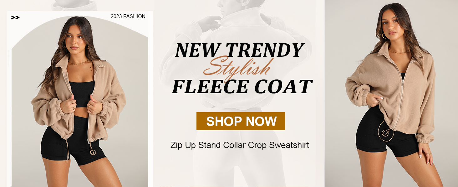 JZC Women's Zip Fleece Cropped Jacket Fall fashion 2023 Long Sleeve Sweatshirt Sherpa Short Coat