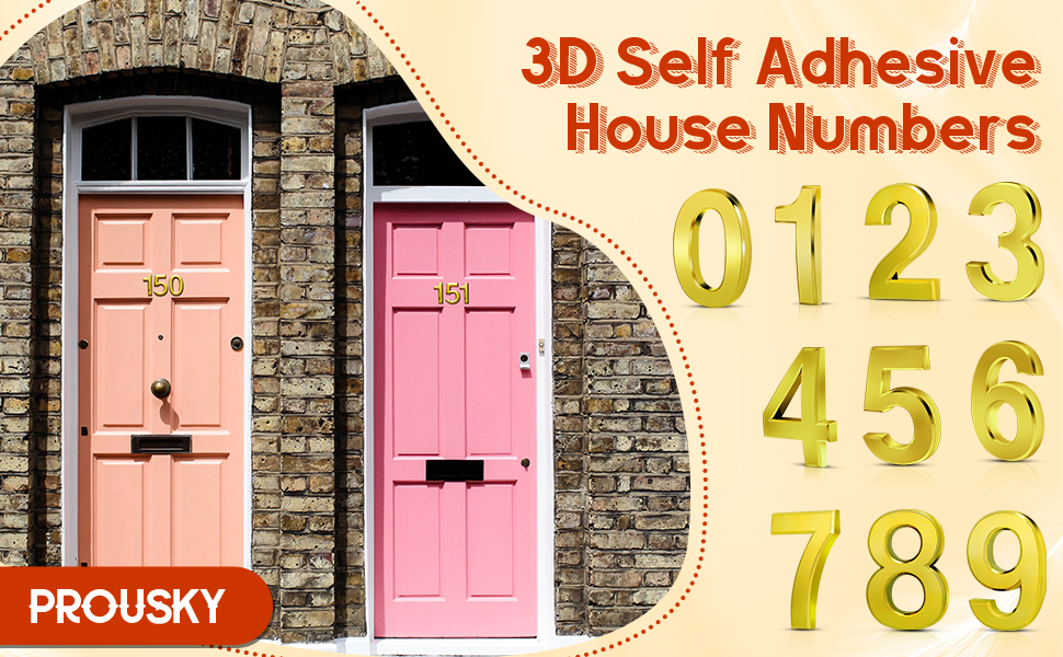 PROUSKY 3D House Numbers Gold Self Adhesive 3 Inches Mailbox Numbers