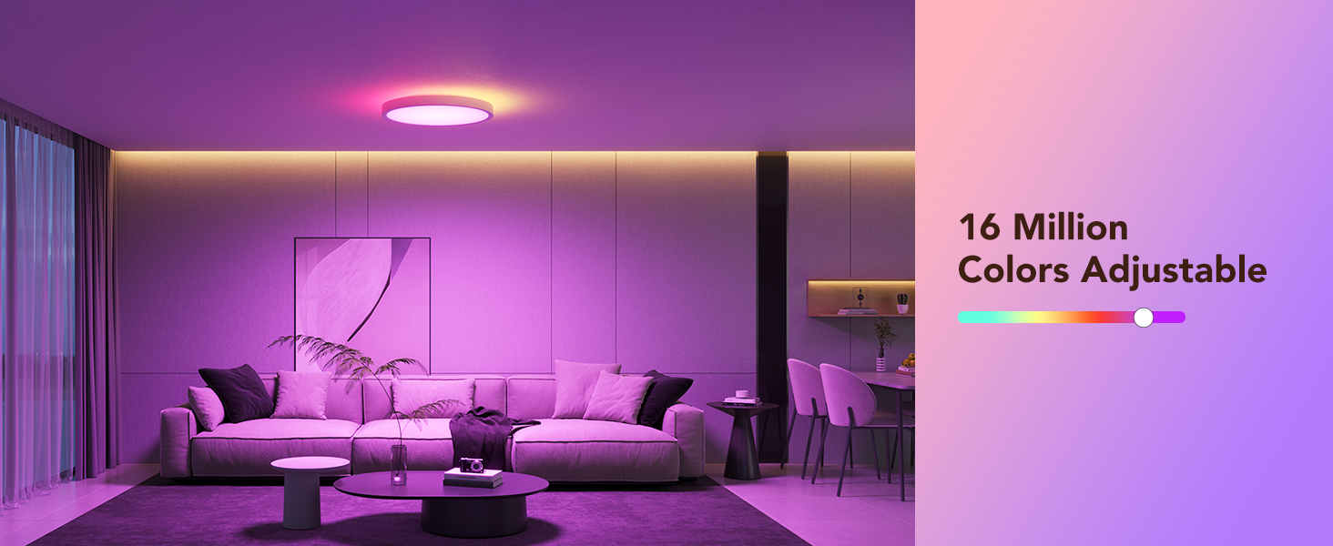 Smart ceiling light illuminating living room with purple hue. Text indicates '16 Million Colors Adjustable' with color spectrum graphic.