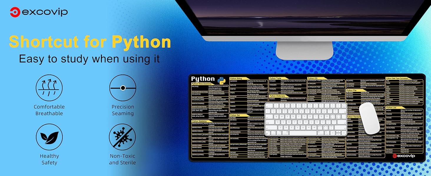 excovip Python Commands Shortcuts Mouse Pad -80x30x0.2 cm Extended ...